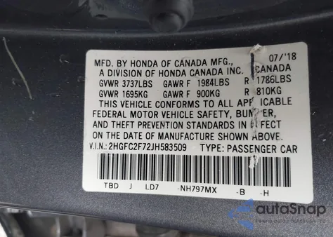 2018 Honda Civic Ex from USA, damaged, VIN 2HGFC2F72JH583509